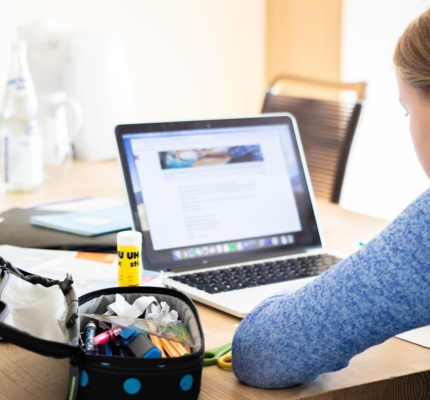 girl, laptop, school supplies