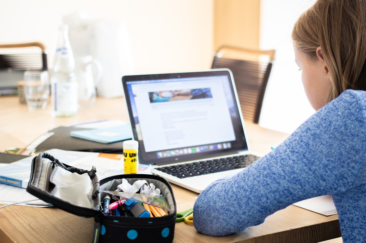 girl, laptop, school supplies